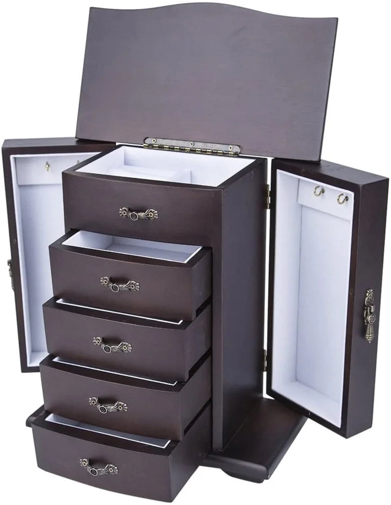 Jewelry Box Organizer - Cherry Wood Jewelry Organizer - Lift Top Cherry Wooden Jewelry Box Organizer in Brown