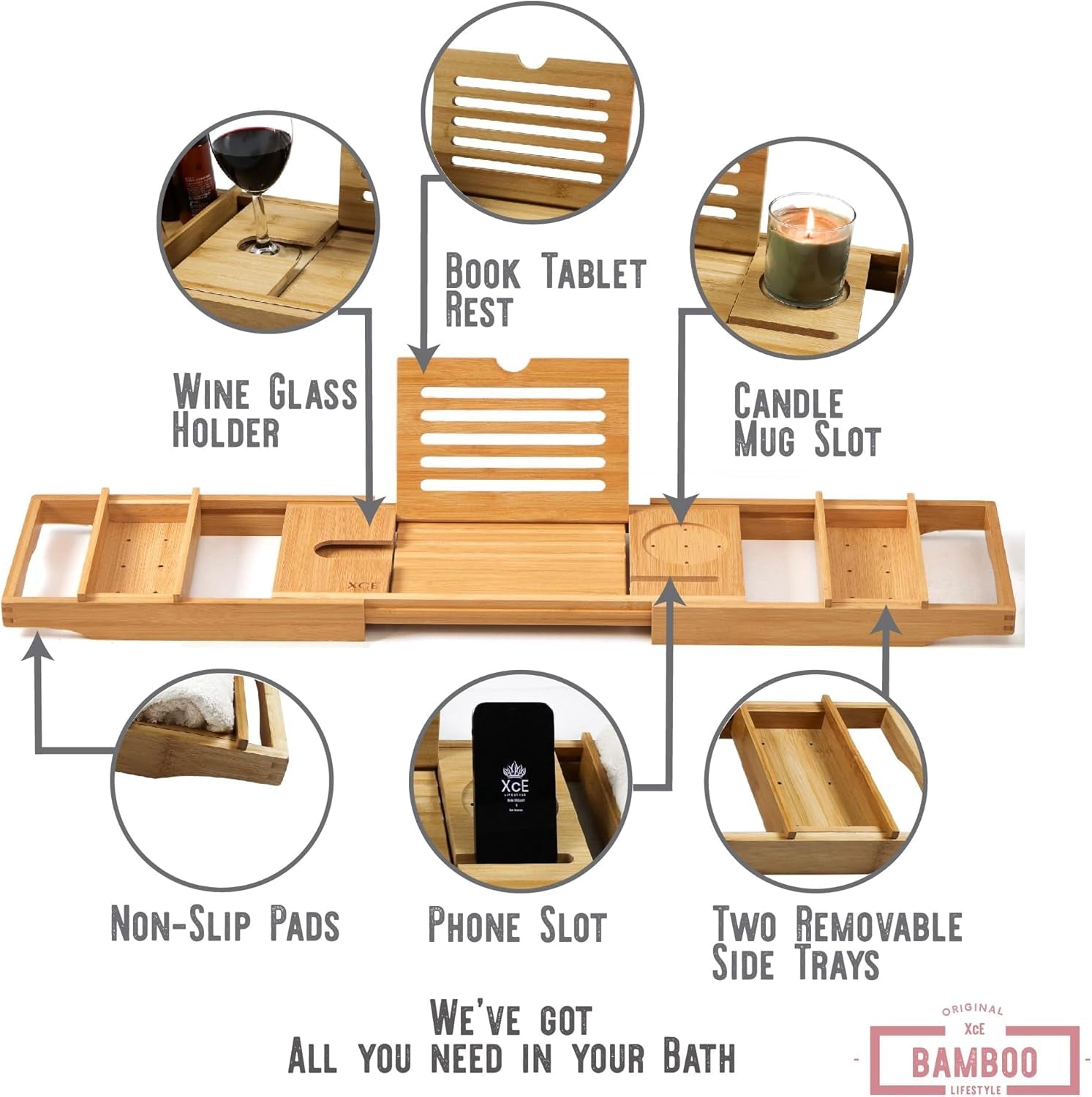 Bamboo Bathtub Caddy Tray - Expandable to 41 Inches with Book Stand, Soap Holder & Anti - Slip Pads for Luxury Bath Spa, Natural - thewrightstore