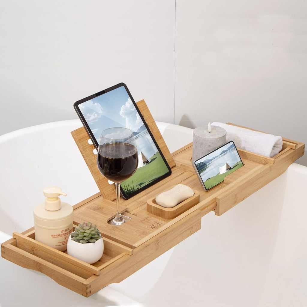 Bamboo Bathtub Caddy Tray - Expandable to 41 Inches with Book Stand, Soap Holder & Anti - Slip Pads for Luxury Bath Spa, Natural - thewrightstore