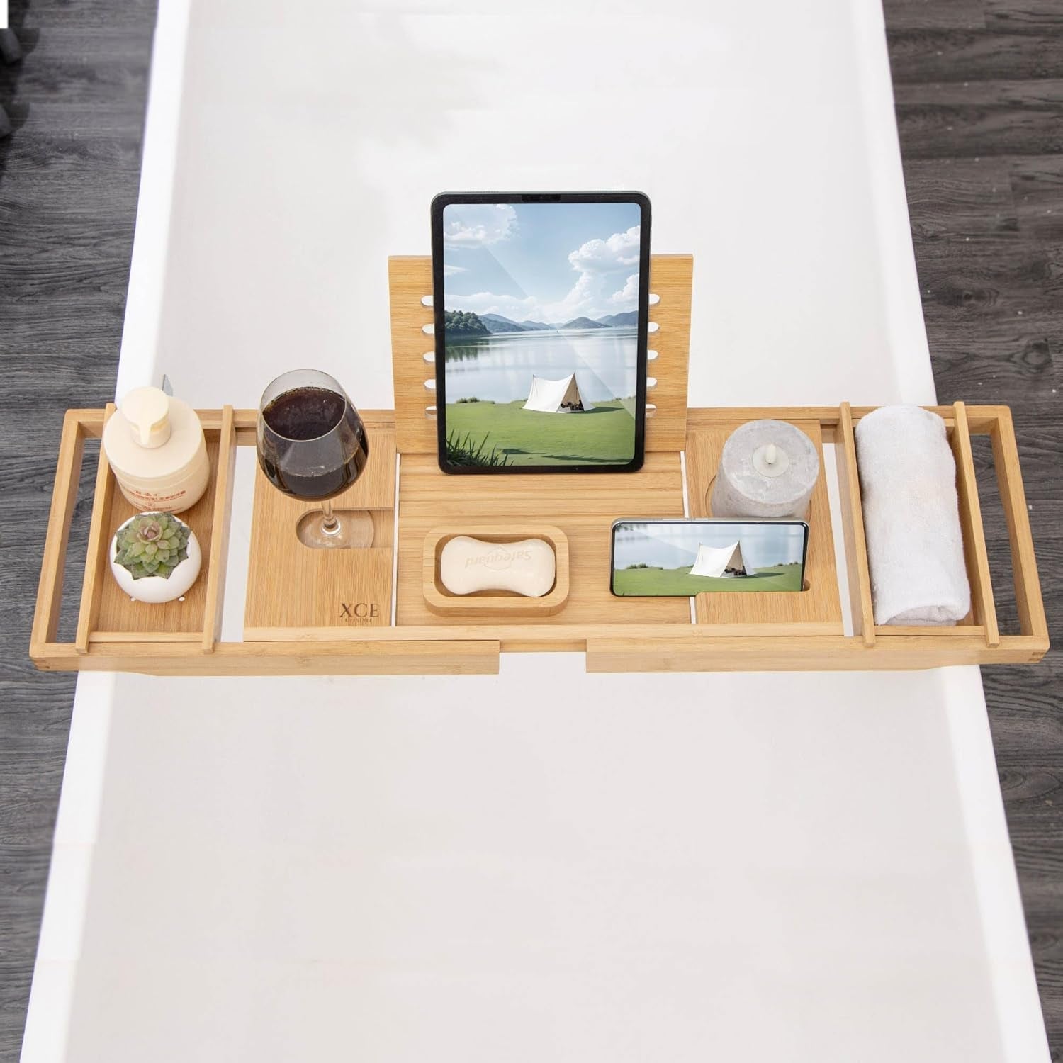 Bamboo Bathtub Caddy Tray - Expandable to 41 Inches with Book Stand, Soap Holder & Anti - Slip Pads for Luxury Bath Spa, Natural - thewrightstore