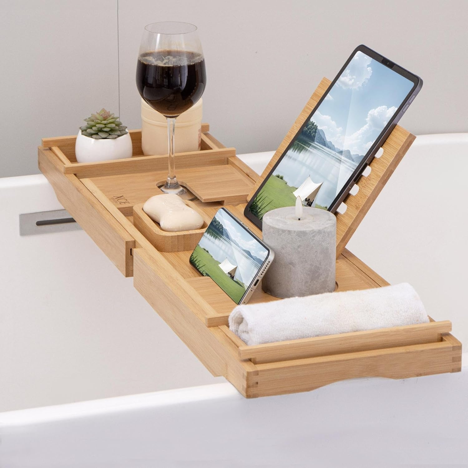 Bamboo Bathtub Caddy Tray - Expandable to 41 Inches with Book Stand, Soap Holder & Anti - Slip Pads for Luxury Bath Spa, Natural - thewrightstore