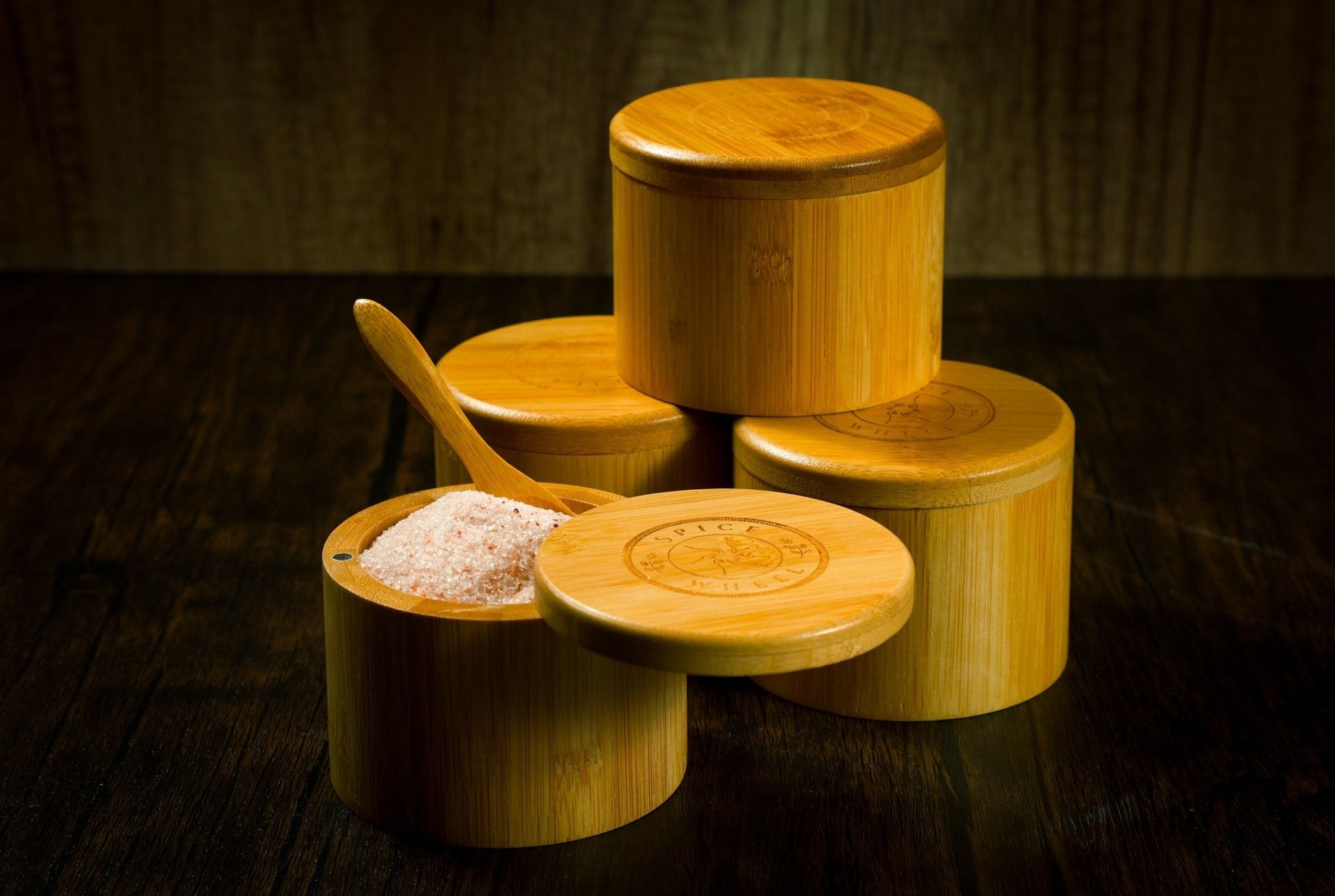 Bamboo Salt Container filled with Pink Himalayan Salt - thewrightstore