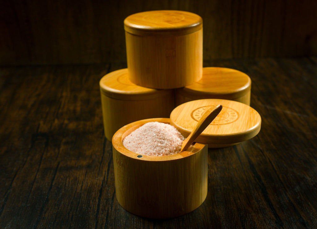 Bamboo Salt Container filled with Pink Himalayan Salt - thewrightstore