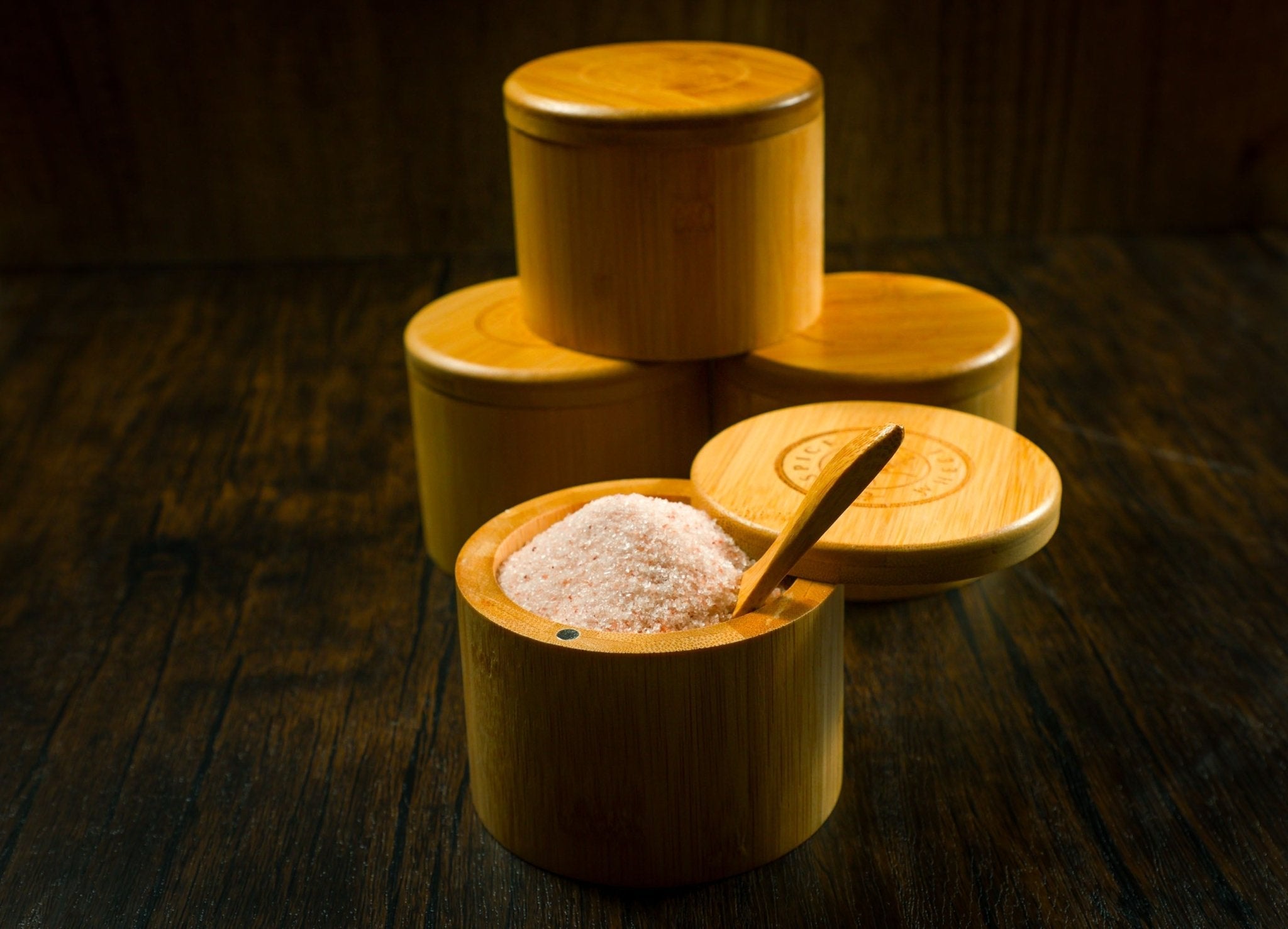 Bamboo Salt Container filled with Pink Himalayan Salt - thewrightstore