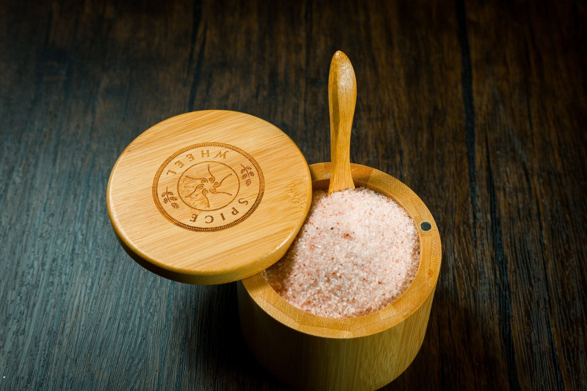 Bamboo Salt Container filled with Pink Himalayan Salt - thewrightstore