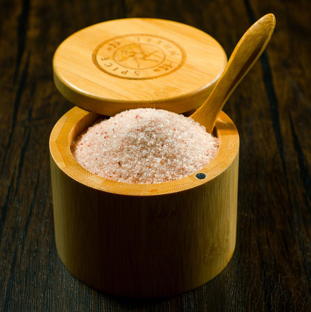 Bamboo Salt Container filled with Pink Himalayan Salt - thewrightstore