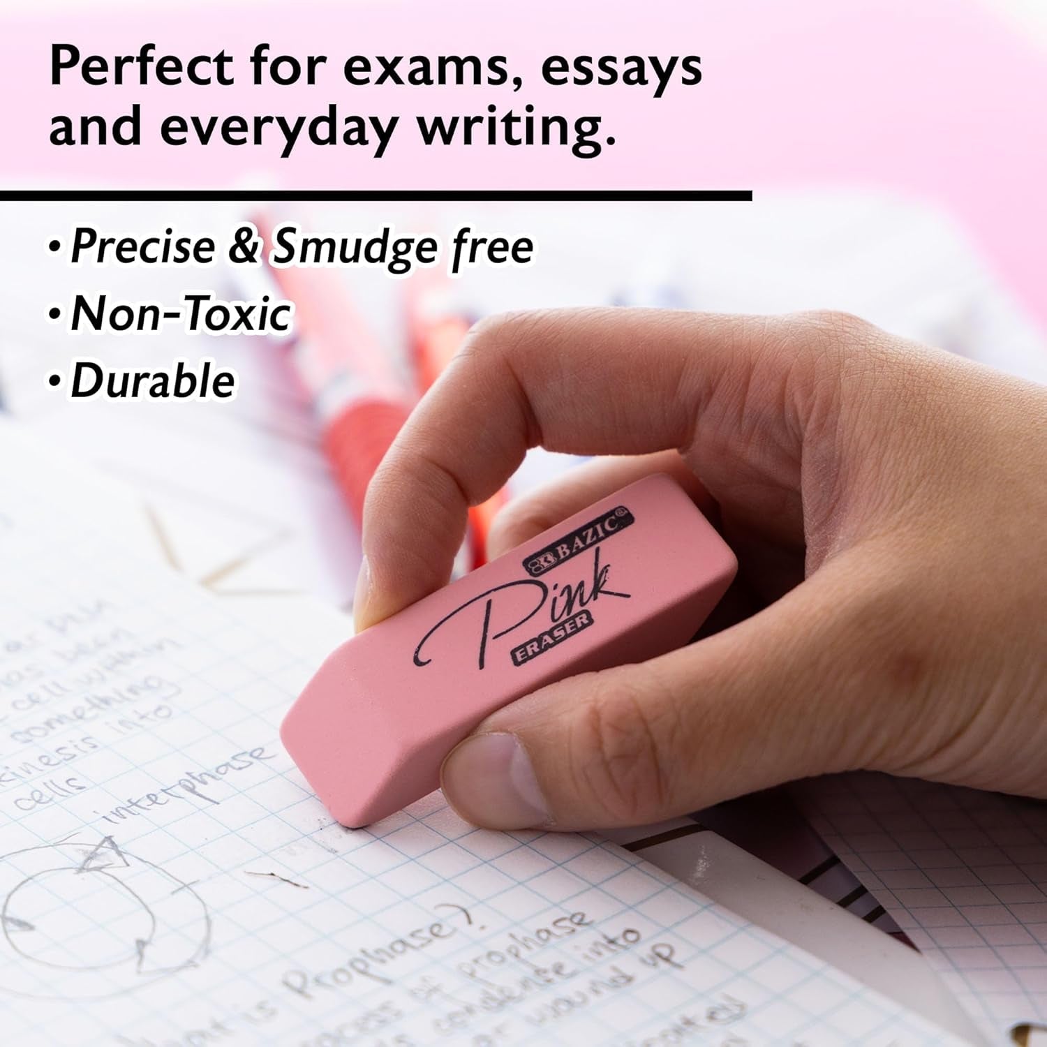 BAZIC Products Latex-Free Pink Bevel Block Erasers, Large Size for Classroom, Office, and Art Applications, Smooth Correction for Writing and Sketching, 4 Count, 2 Pack - thewrightstore
