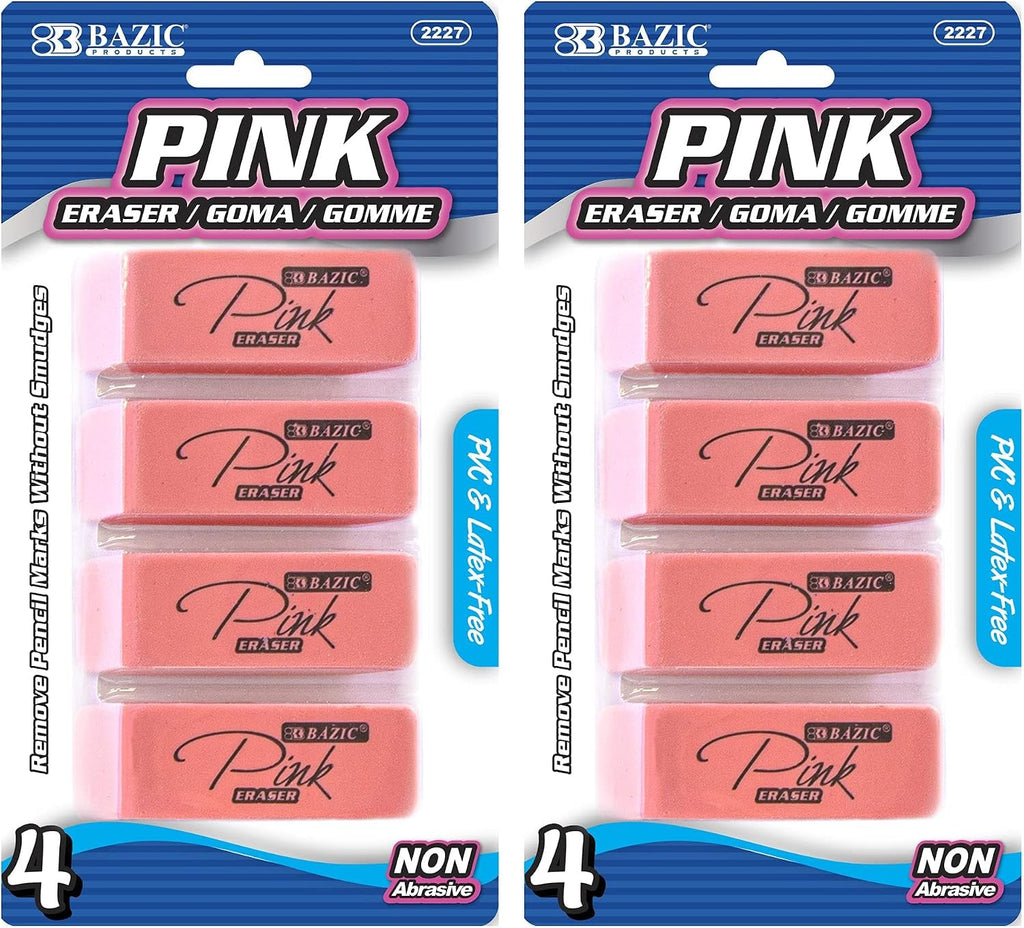 BAZIC Products Latex-Free Pink Bevel Block Erasers, Large Size for Classroom, Office, and Art Applications, Smooth Correction for Writing and Sketching, 4 Count, 2 Pack - thewrightstore