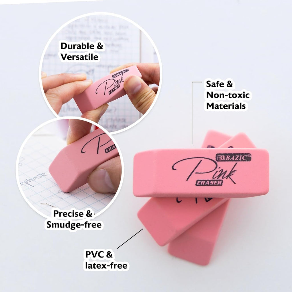 BAZIC Products Latex-Free Pink Bevel Block Erasers, Large Size for Classroom, Office, and Art Applications, Smooth Correction for Writing and Sketching, 4 Count, 2 Pack - thewrightstore
