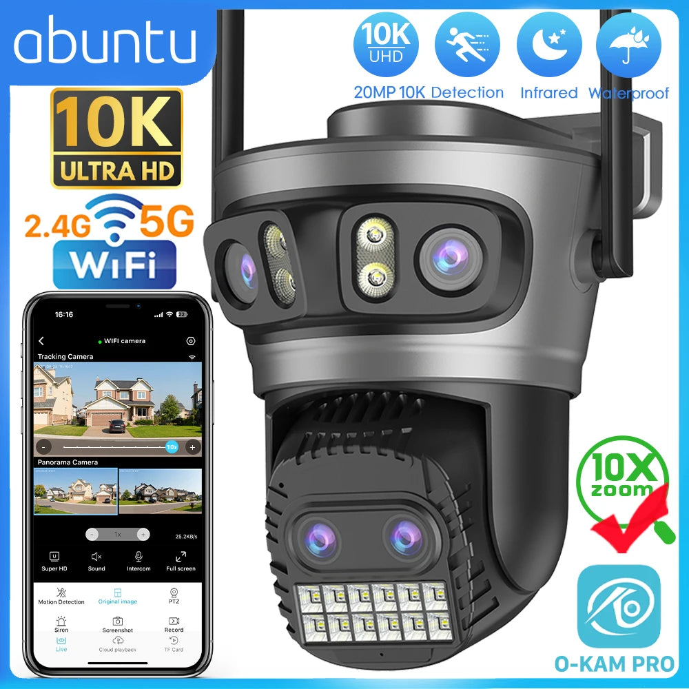 20MP 10K PTZ Wifi Camera Four Len 10X Zoom Surveillance Camera Outdoor 360°No Dead Angle Ultra Long Night Vision Security