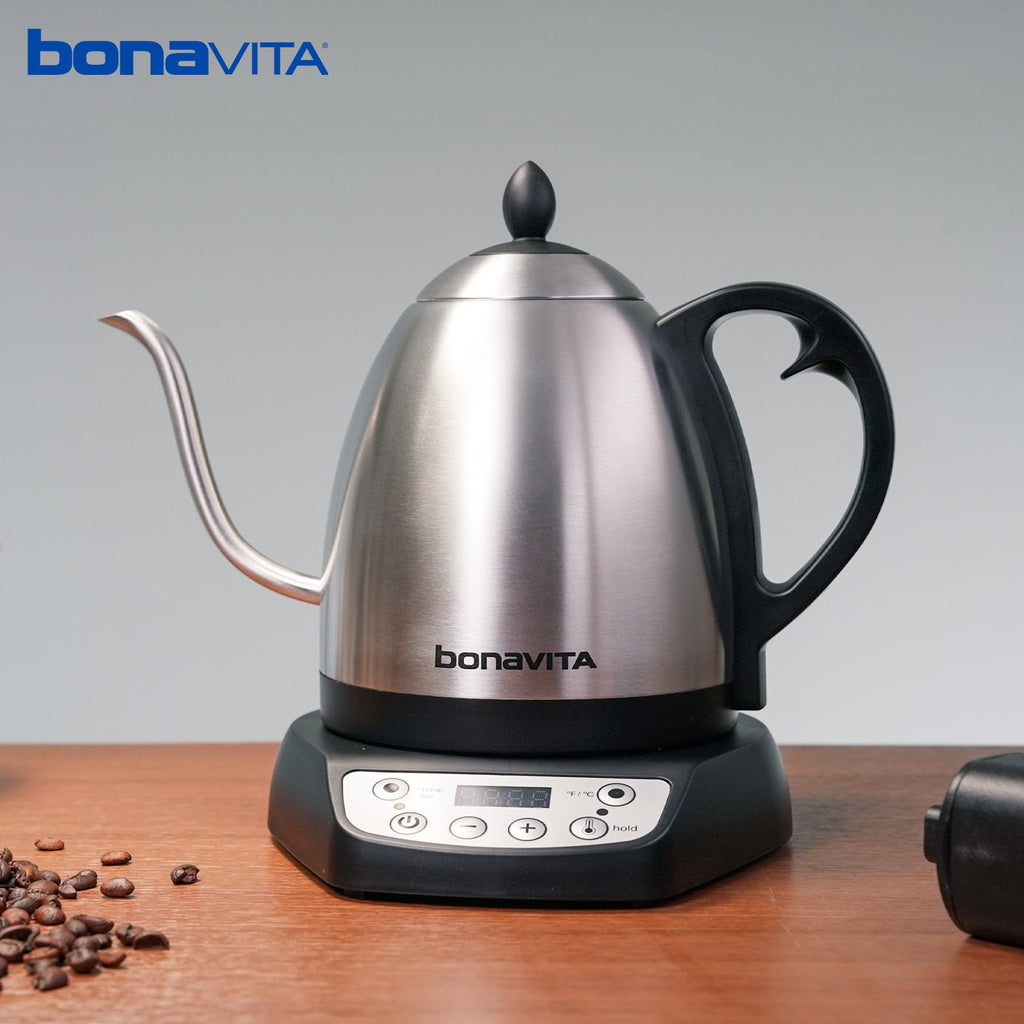 Bonavita Classic 1.0L Gooseneck Precision Temperature Electric Kettle| Coffee Brew and Tea, 1200 Watt, LED Panel, Stainless Steel - thewrightstore