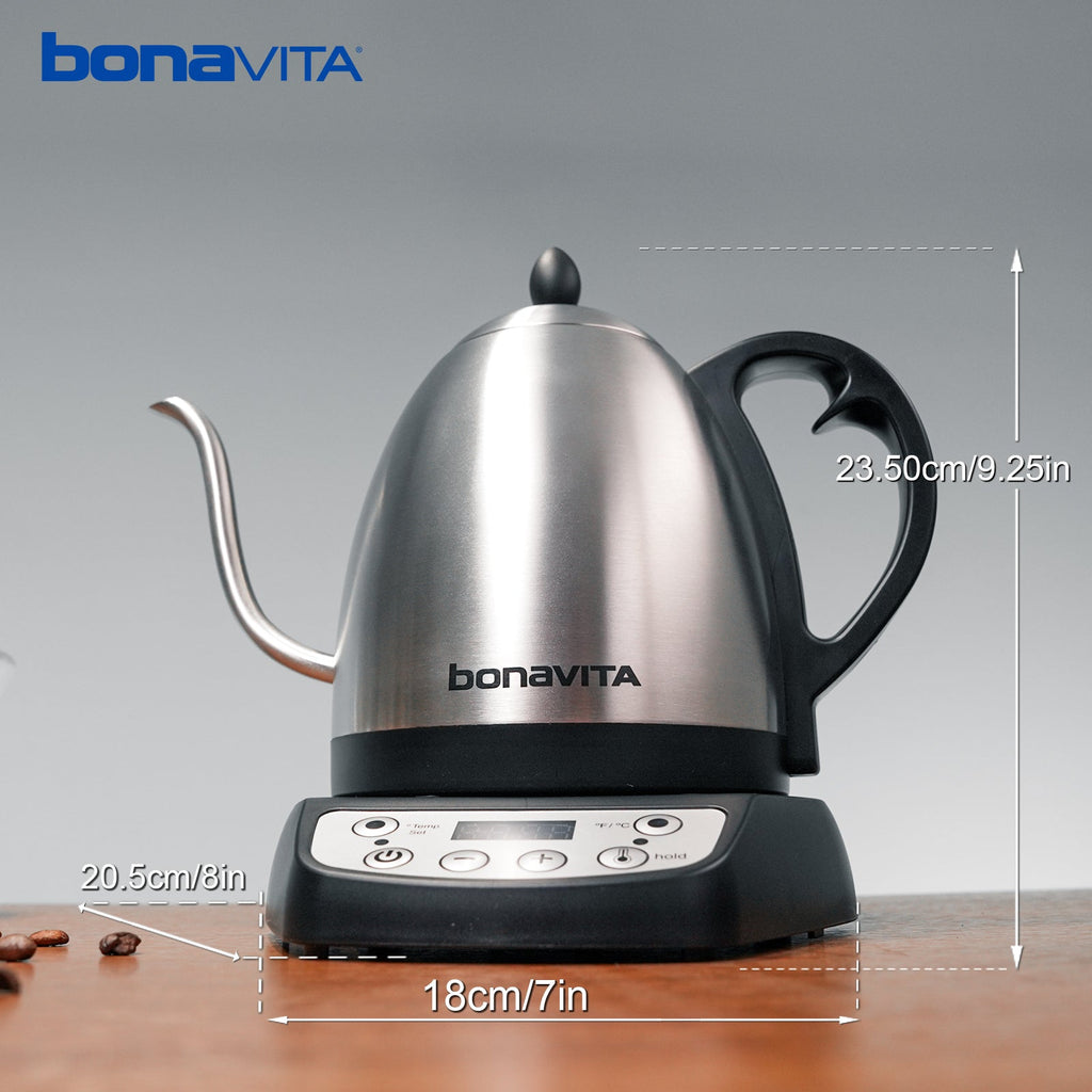 Bonavita Classic 1.0L Gooseneck Precision Temperature Electric Kettle| Coffee Brew and Tea, 1200 Watt, LED Panel, Stainless Steel - thewrightstore