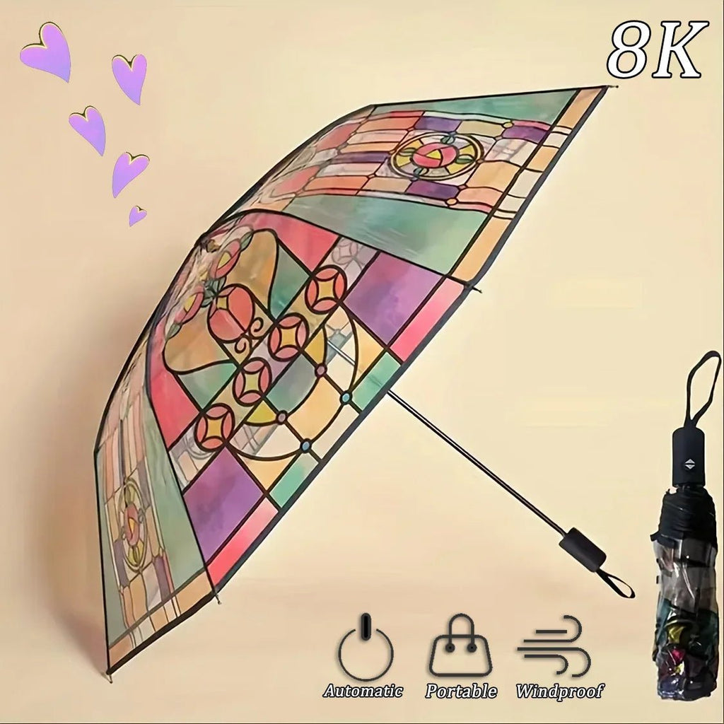 British Wind Rainforest Arch Transparent Umbrella Stained Glass Transparent Umbrella Long Handle Automatic Large Romantic Sunny - thewrightstore