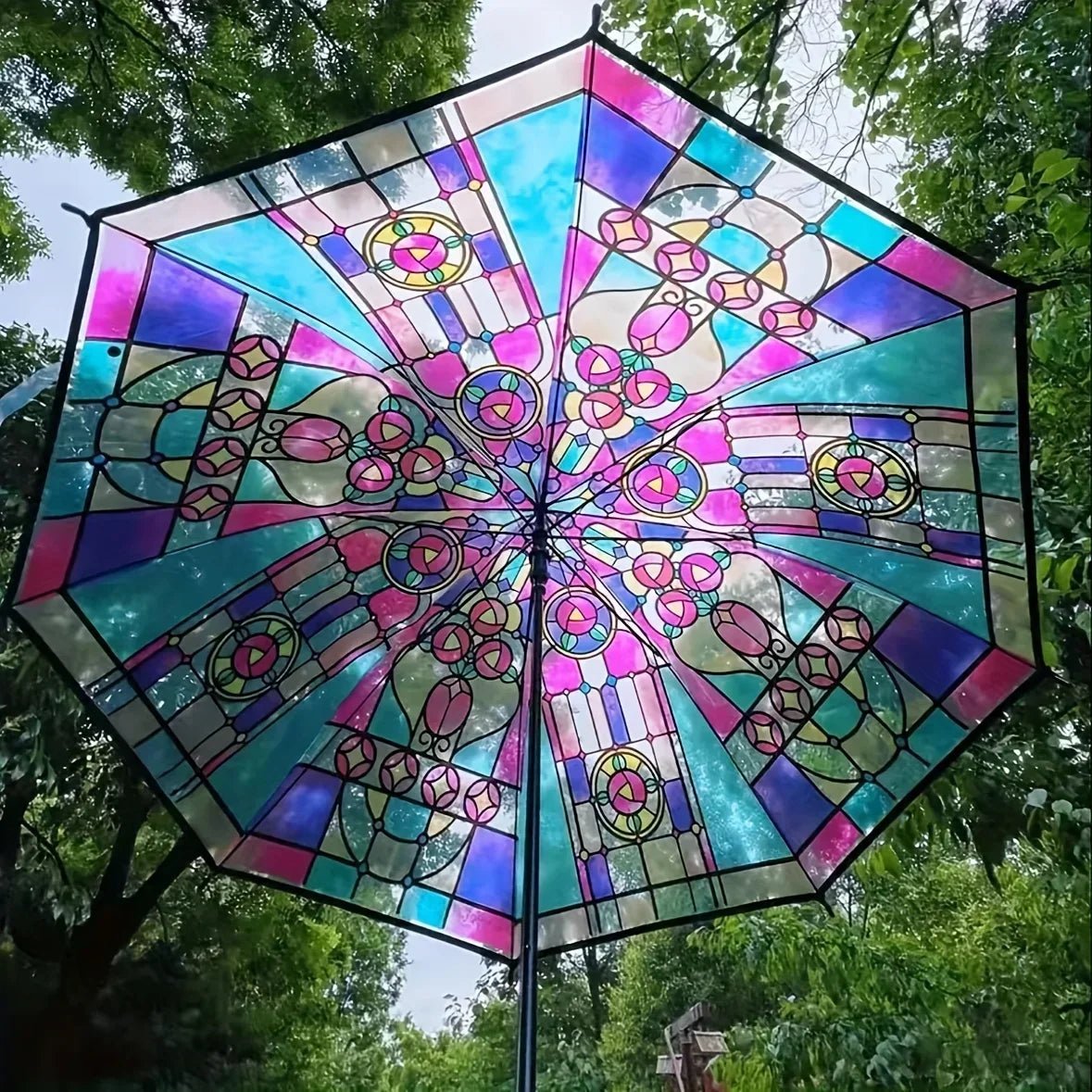 British Wind Rainforest Arch Transparent Umbrella Stained Glass Transparent Umbrella Long Handle Automatic Large Romantic Sunny - thewrightstore