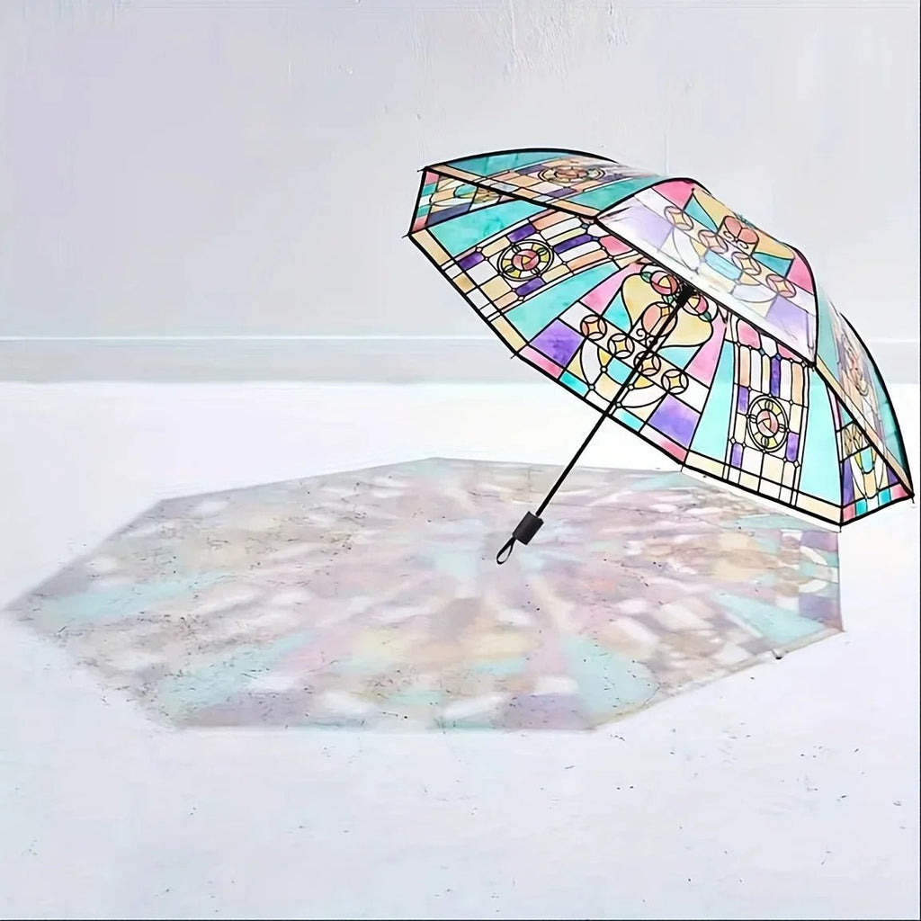 British Wind Rainforest Arch Transparent Umbrella Stained Glass Transparent Umbrella Long Handle Automatic Large Romantic Sunny - thewrightstore