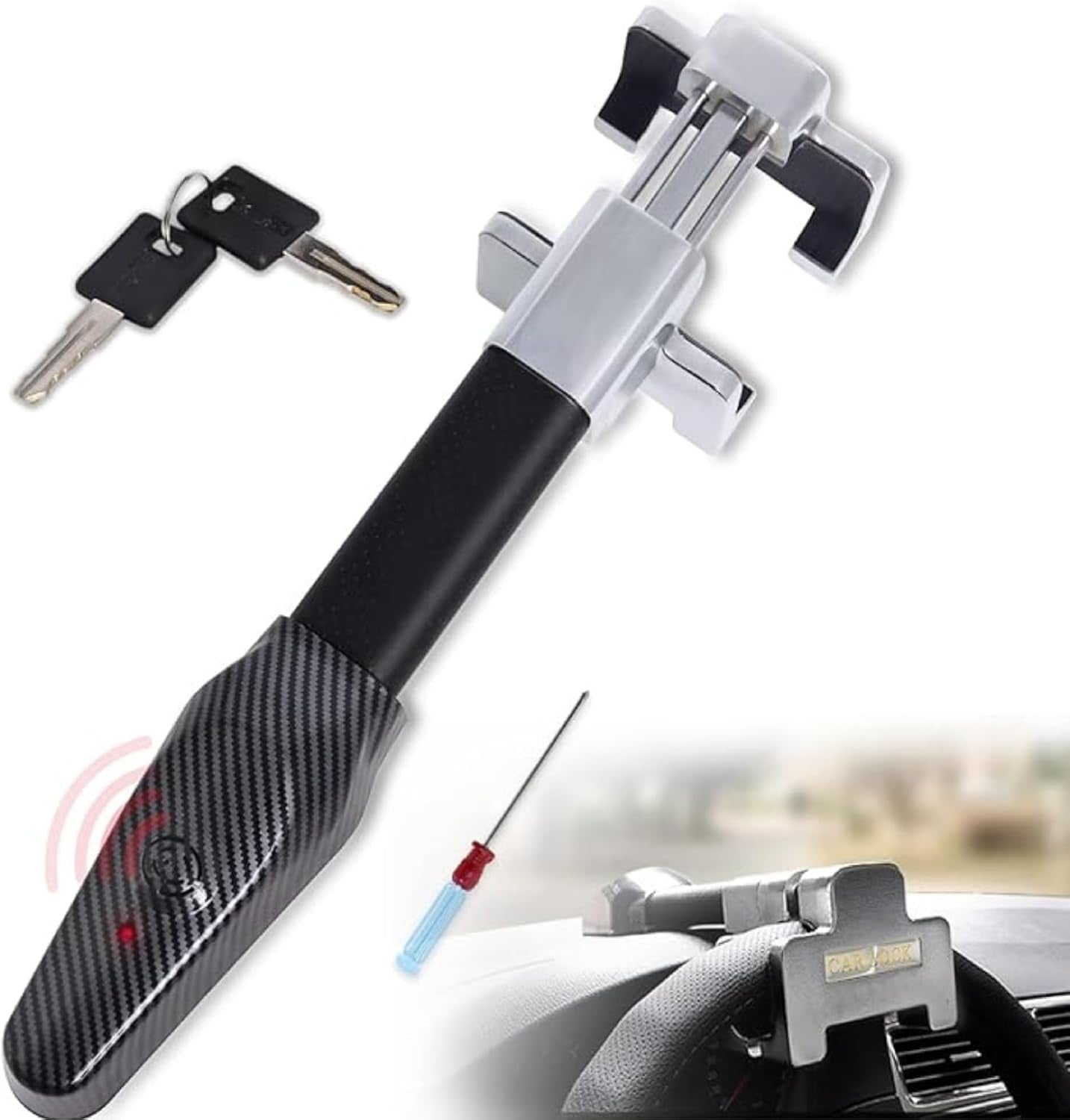 Amorin Heavy-Duty Steering Wheel Lock with Alarm and Light - Car Security Anti-Theft Device for Vehicles and SUVs in Black and Silver
