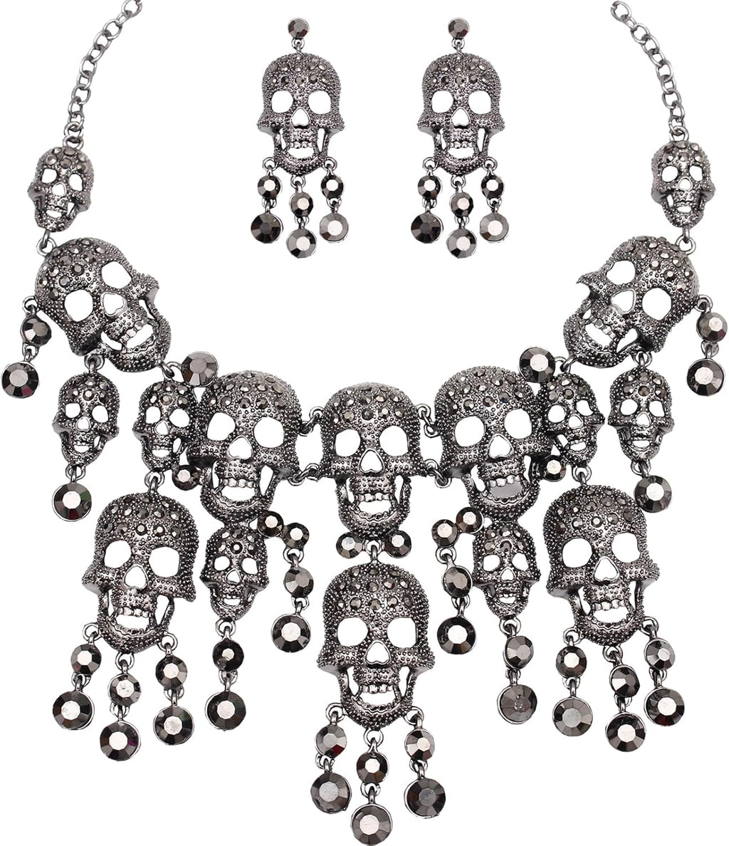Austrian Crystal Gothic Skull and Bone Cross Necklace and Dangle Earring Set for Women