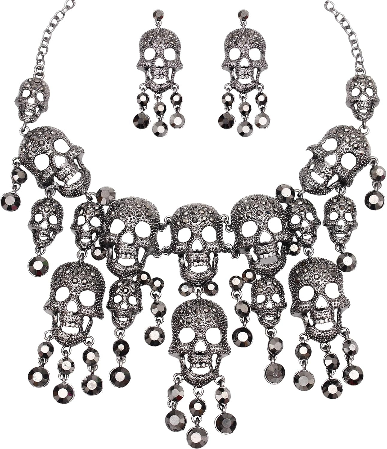Austrian Crystal Gothic Skull and Bone Cross Necklace and Dangle Earring Set for Women