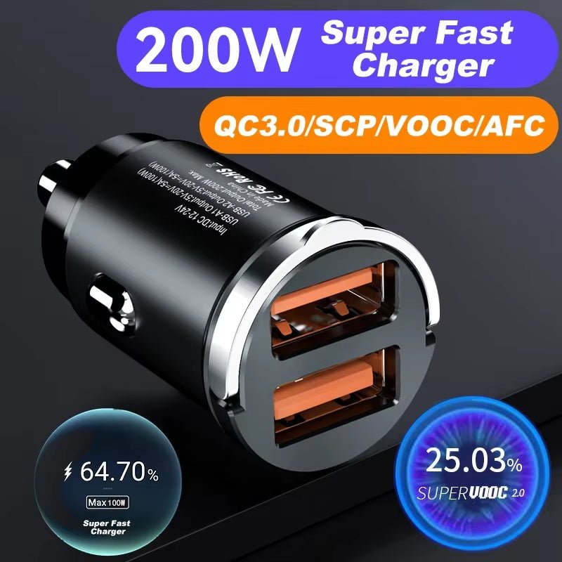 Car 100-200W Dual Port Mini USB Charger Ultra Fast Charging Cigarette Lighter Socket 12-24V Aluminum Cell Phone Charging Adapter - thewrightstore