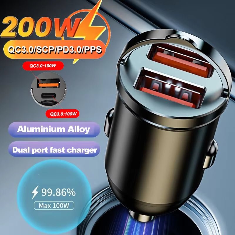 Car 100-200W Dual Port Mini USB Charger Ultra Fast Charging Cigarette Lighter Socket 12-24V Aluminum Cell Phone Charging Adapter - thewrightstore