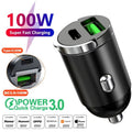 Car 100-200W Dual Port Mini USB Charger Ultra Fast Charging Cigarette Lighter Socket 12-24V Aluminum Cell Phone Charging Adapter - thewrightstore