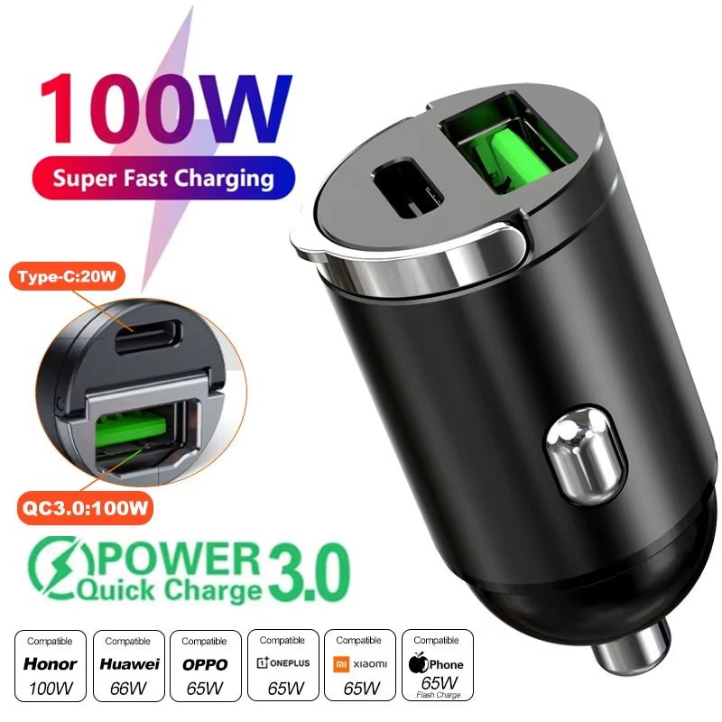 Car 100-200W Dual Port Mini USB Charger Ultra Fast Charging Cigarette Lighter Socket 12-24V Aluminum Cell Phone Charging Adapter - thewrightstore