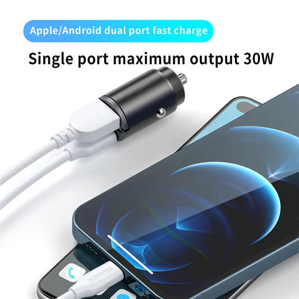 Car 100-200W Dual Port Mini USB Charger Ultra Fast Charging Cigarette Lighter Socket 12-24V Aluminum Cell Phone Charging Adapter - thewrightstore