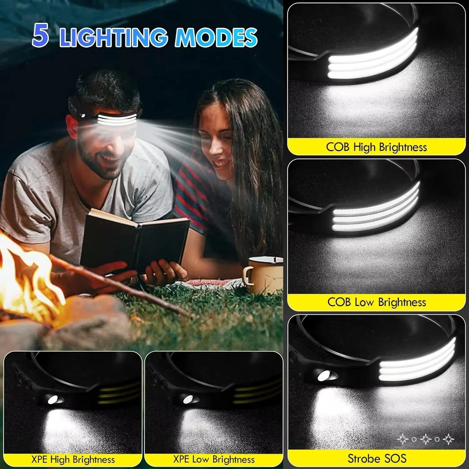 COB LED Headlamp Induction Head Lamp Built - In Battery USB Rechargeable Head Flashlight Outdoor Camping Fishing Sensor Headlight - thewrightstore