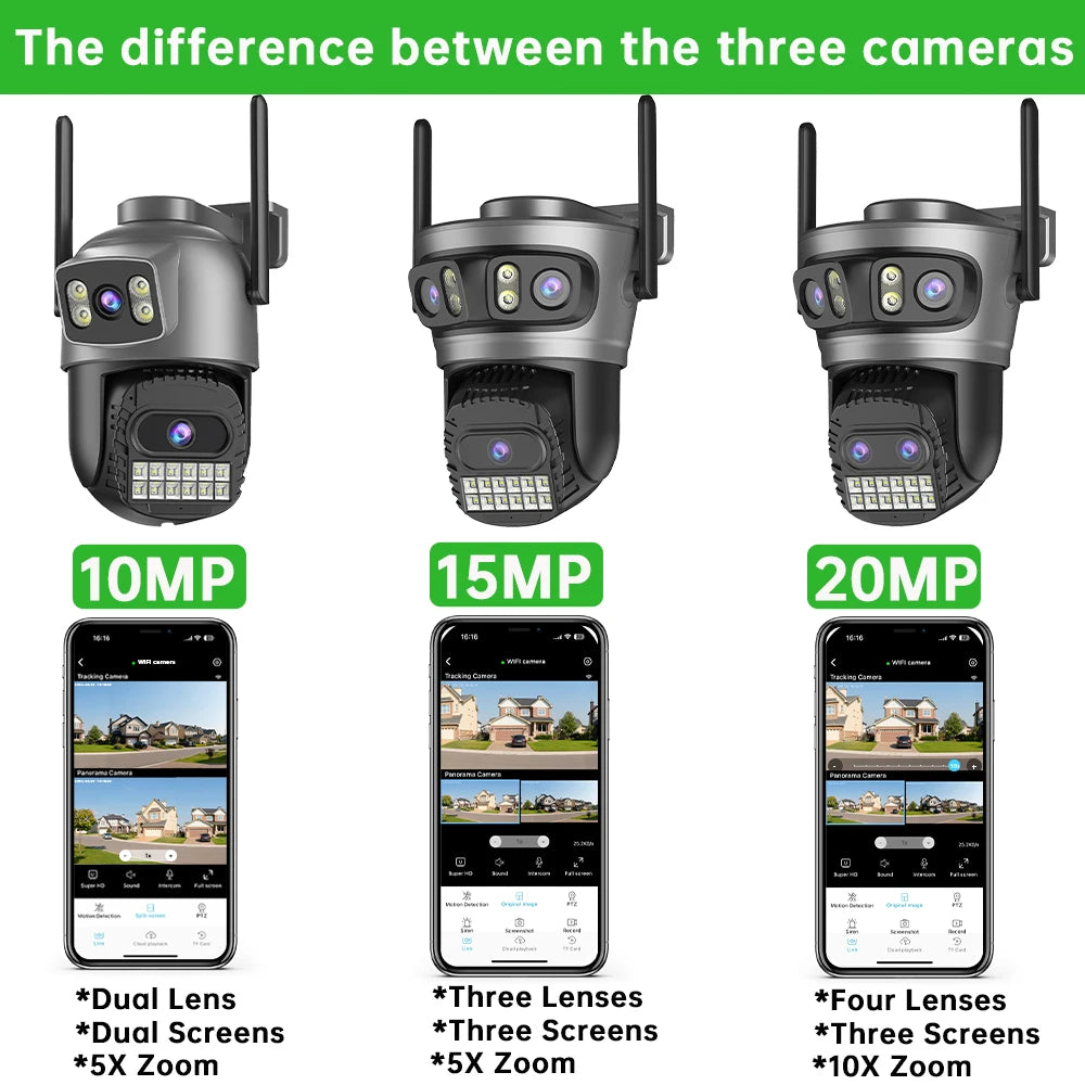 20MP 10K PTZ Wifi Camera Four Len 10X Zoom Surveillance Camera Outdoor 360°No Dead Angle Ultra Long Night Vision Security