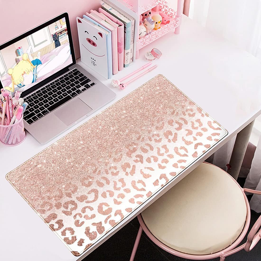 Desk Mat XXL Mouse Pad, Pink Rose Gold Leopard Print Office Supplies and Accessories Decor for Women 31.5X15.75In,Stitched.