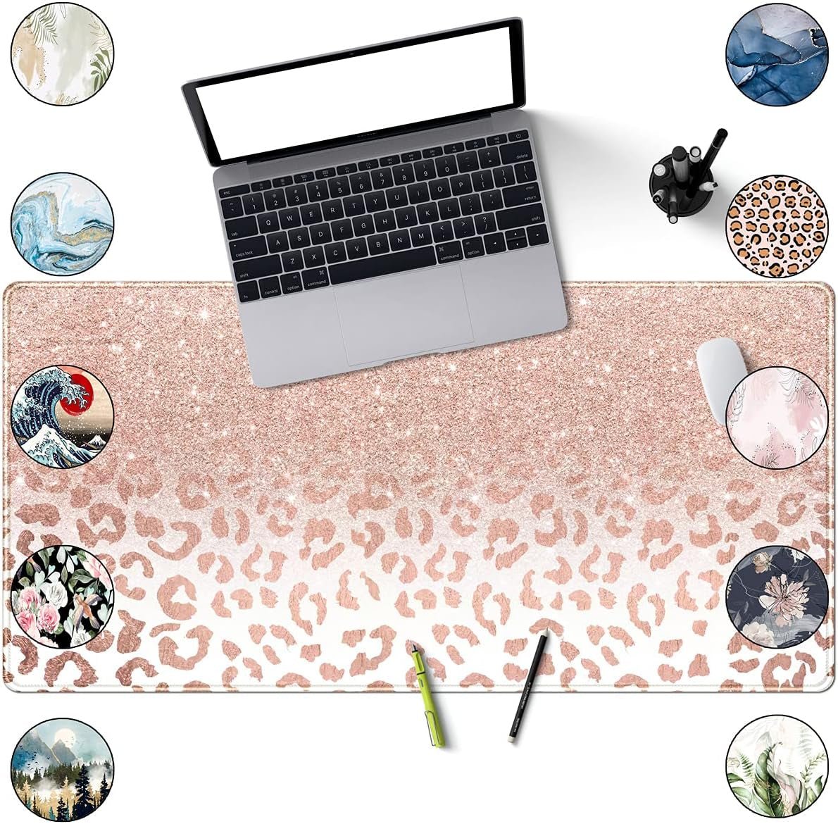 Desk Mat XXL Mouse Pad, Pink Rose Gold Leopard Print Office Supplies and Accessories Decor for Women 31.5X15.75In,Stitched.