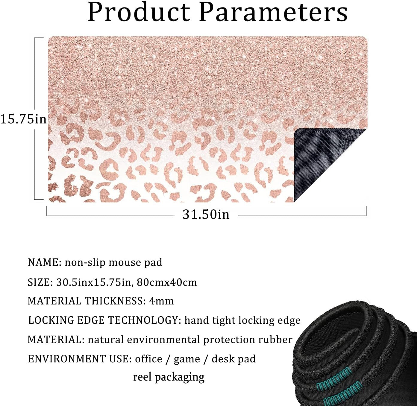 Desk Mat XXL Mouse Pad, Pink Rose Gold Leopard Print Office Supplies and Accessories Decor for Women 31.5X15.75In,Stitched.