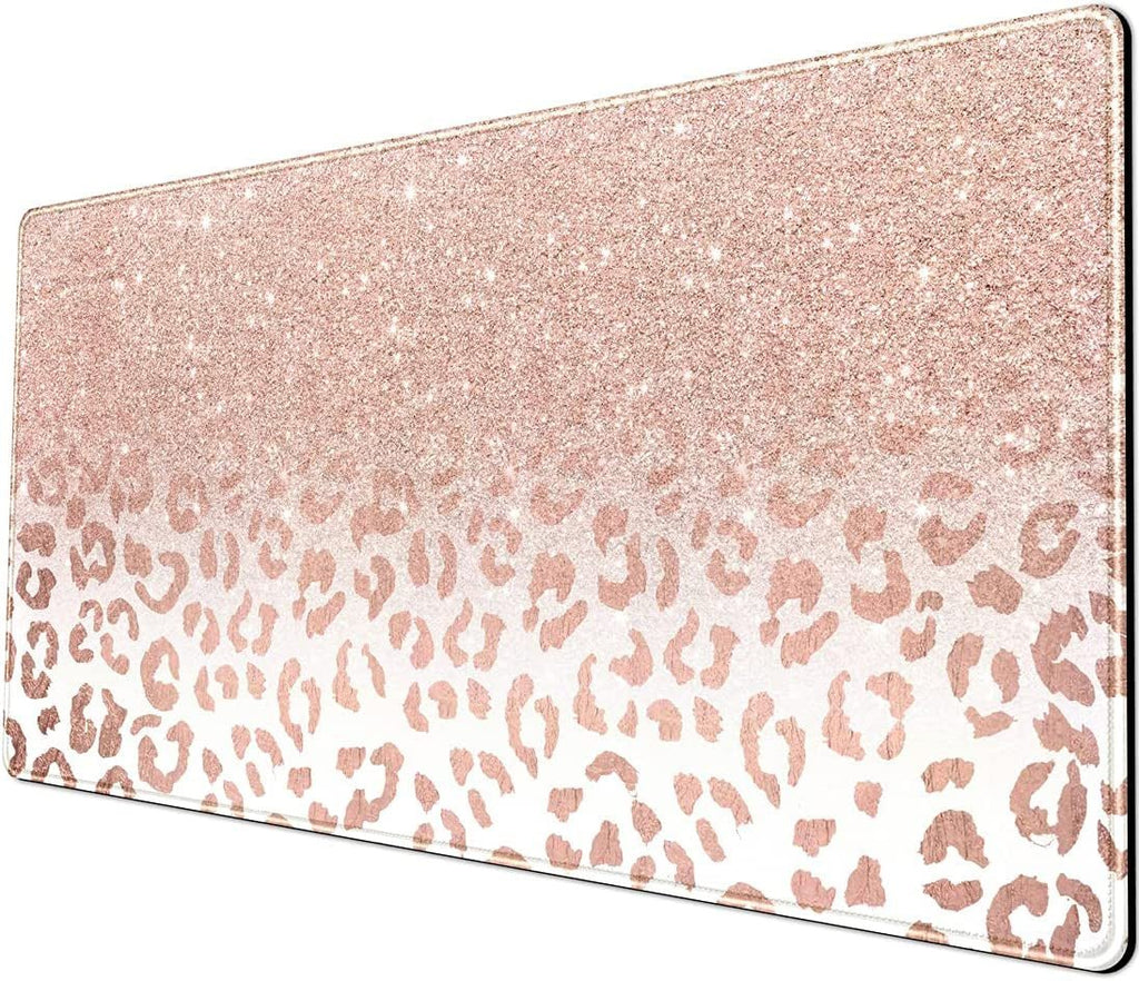 Desk Mat XXL Mouse Pad, Pink Rose Gold Leopard Print Office Supplies and Accessories Decor for Women 31.5X15.75In,Stitched.