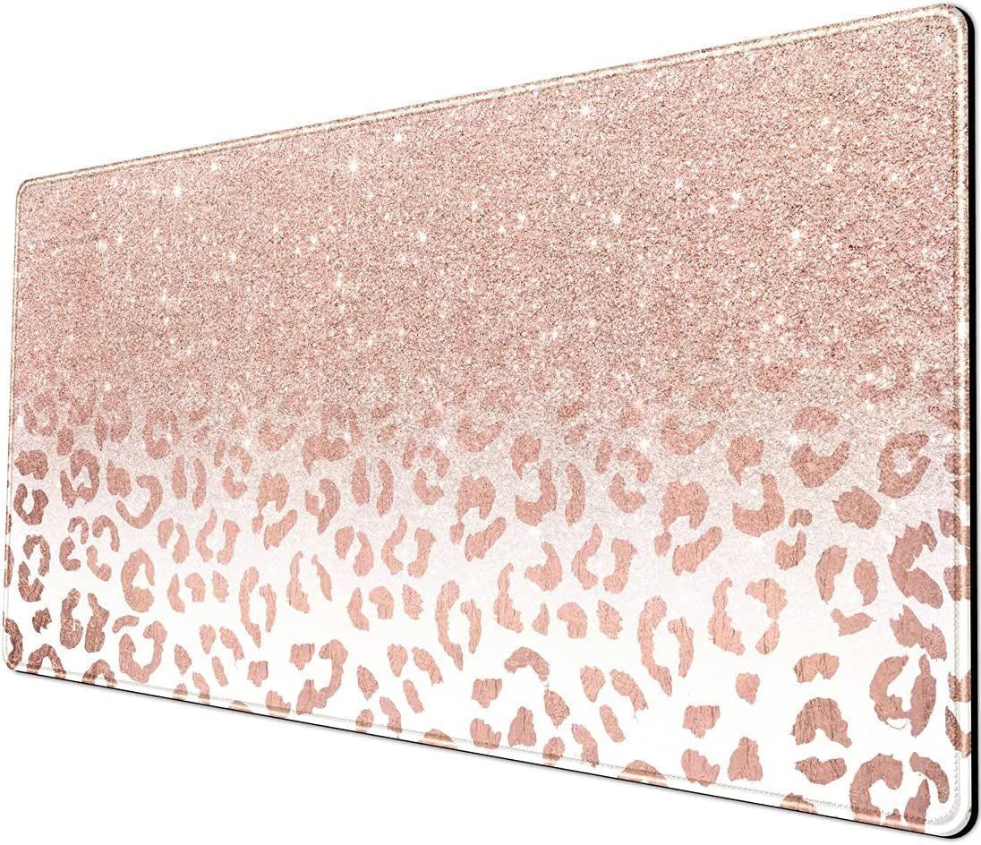 Desk Mat XXL Mouse Pad, Pink Rose Gold Leopard Print Office Supplies and Accessories Decor for Women 31.5X15.75In,Stitched.