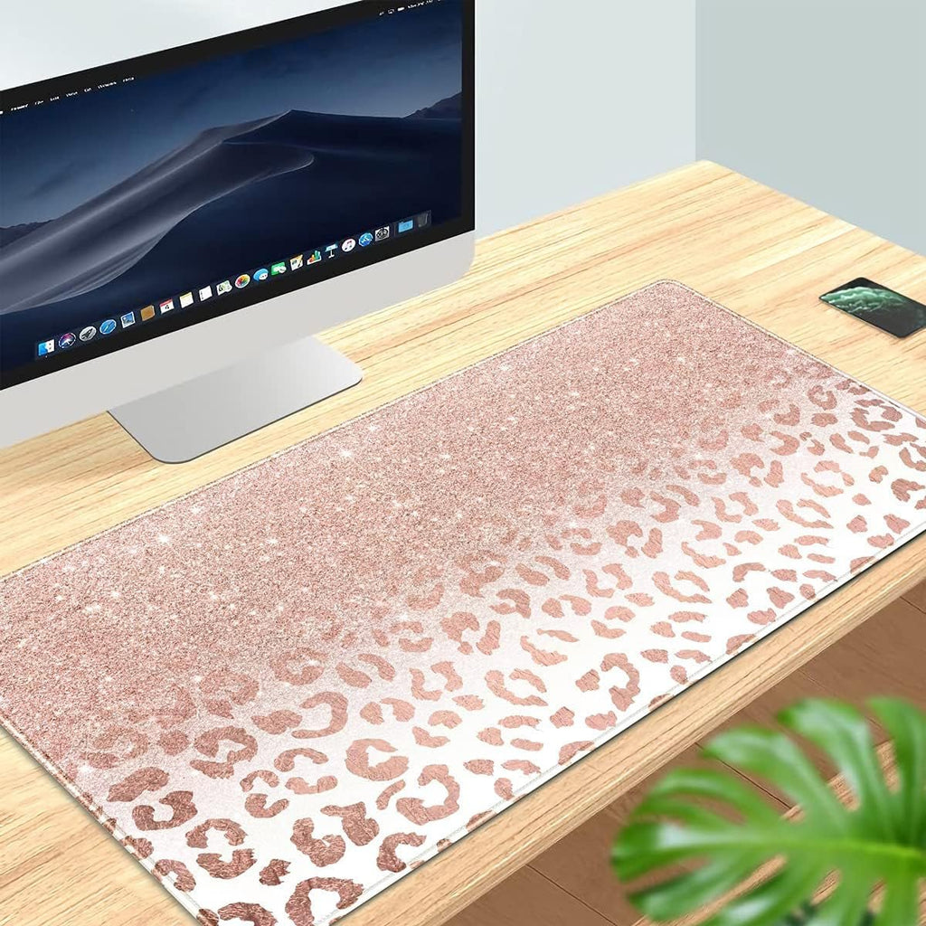 Desk Mat XXL Mouse Pad, Pink Rose Gold Leopard Print Office Supplies and Accessories Decor for Women 31.5X15.75In,Stitched.