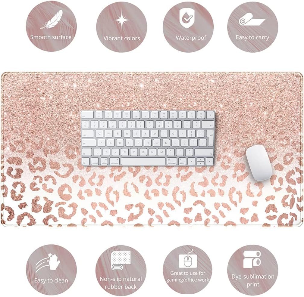Desk Mat XXL Mouse Pad, Pink Rose Gold Leopard Print Office Supplies and Accessories Decor for Women 31.5X15.75In,Stitched.