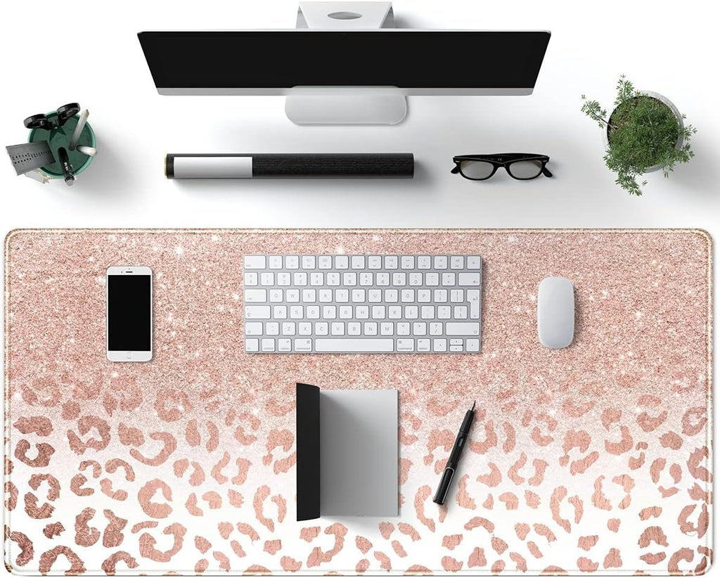Desk Mat XXL Mouse Pad, Pink Rose Gold Leopard Print Office Supplies and Accessories Decor for Women 31.5X15.75In,Stitched.
