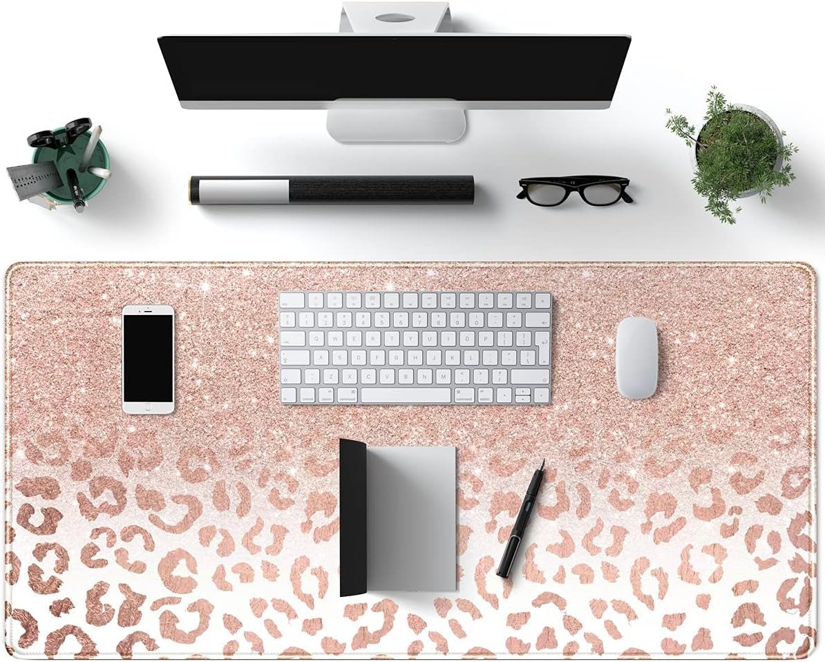 Desk Mat XXL Mouse Pad, Pink Rose Gold Leopard Print Office Supplies and Accessories Decor for Women 31.5X15.75In,Stitched.