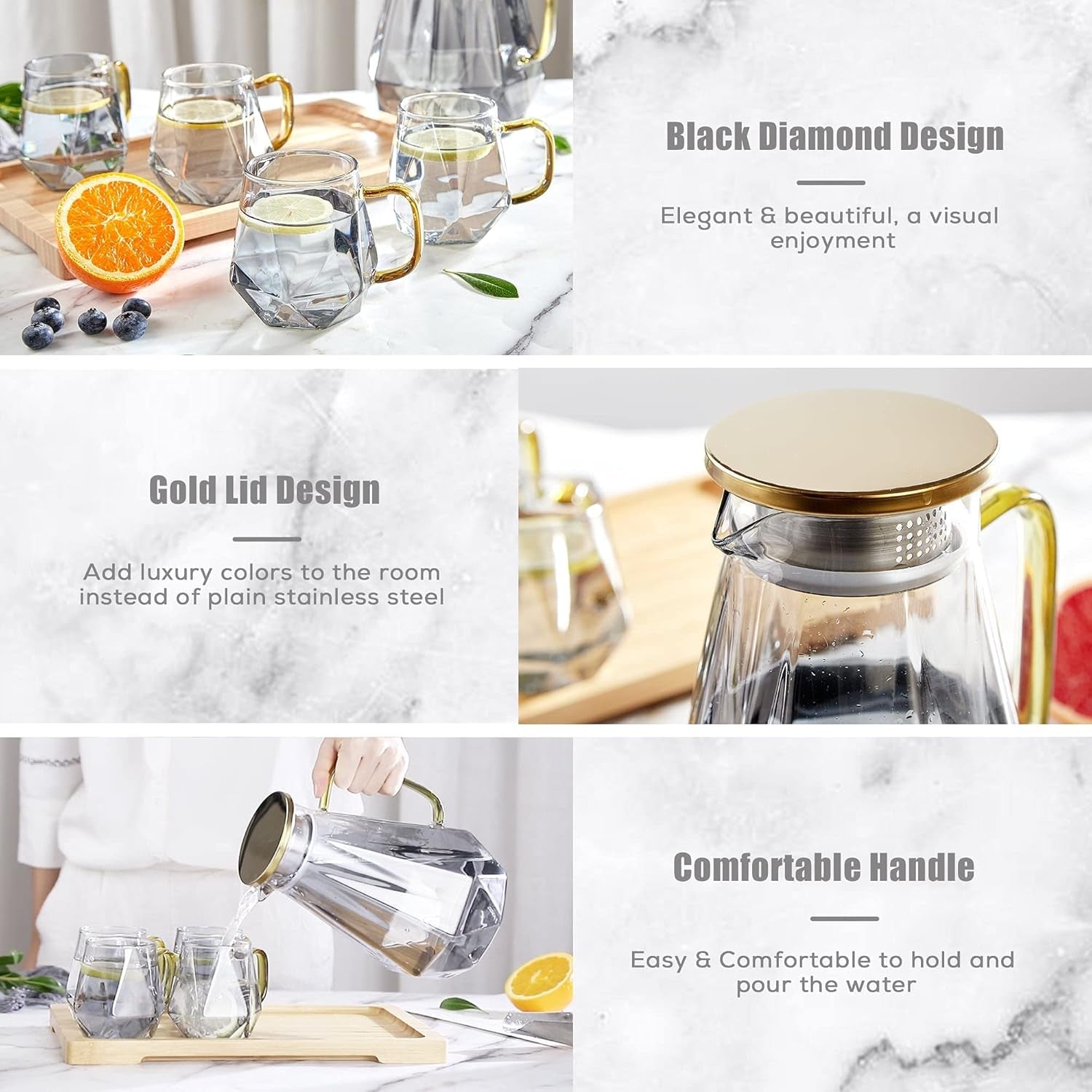 DUJUST 68 Oz Black Diamond Glass Pitcher with Lid - Elegant Water Carafe with Handle for Iced Tea, Beverages, and Hot/Cold Coffee, High Durability Decorative Design - thewrightstore