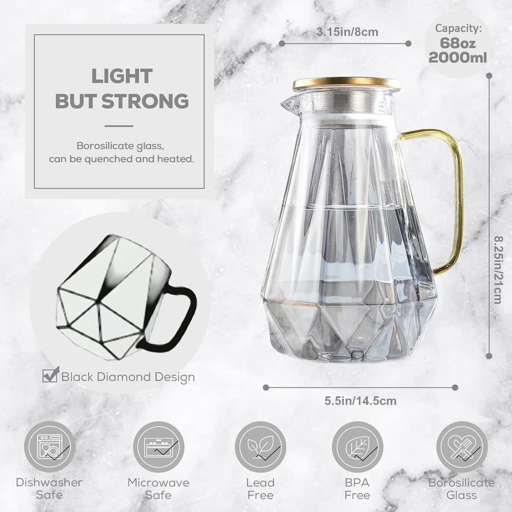 DUJUST Black Diamond Glass Pitcher with Lid - 68 Oz Elegant Water Carafe for Hot/Cold Beverages and Room Decor, Durable Design for Iced Tea and Coffee - thewrightstore