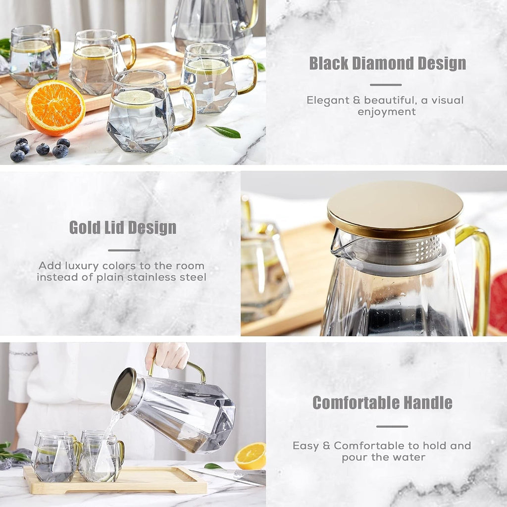DUJUST Black Diamond Glass Pitcher with Lid - 68 Oz Elegant Water Carafe for Hot/Cold Beverages and Room Decor, Durable Design for Iced Tea and Coffee - thewrightstore