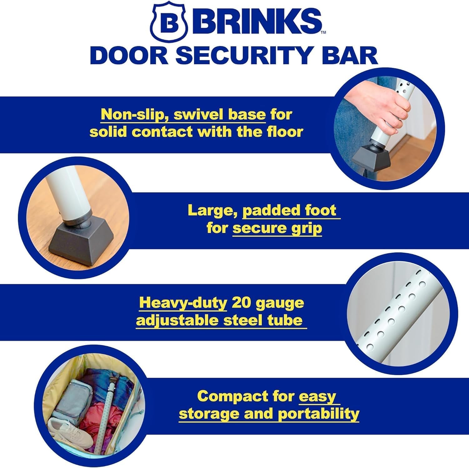 Brinks Adjustable Door Security Bar - 2 Pack for Enhanced Security at Home, School, and Travel - Suitable for Hinged and Sliding Doors - Silver Finish