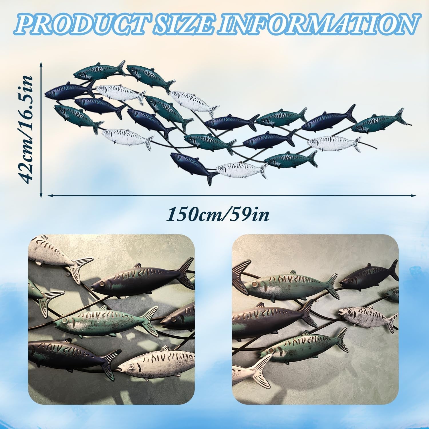 Edaknez Large Metal Fish Wall Art - Coastal Nautical Ocean Decor for Living Room and Bedroom (59 x 16 Inches) - thewrightstore