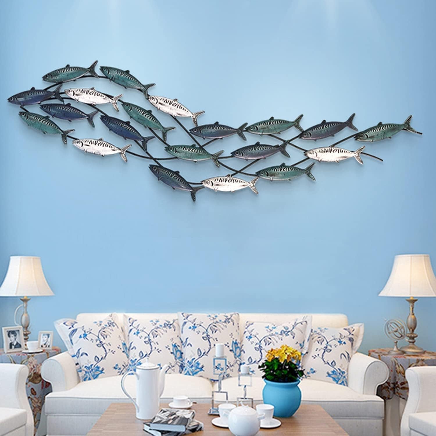 Edaknez Large Metal Fish Wall Art - Coastal Nautical Ocean Decor for Living Room and Bedroom (59 x 16 Inches) - thewrightstore
