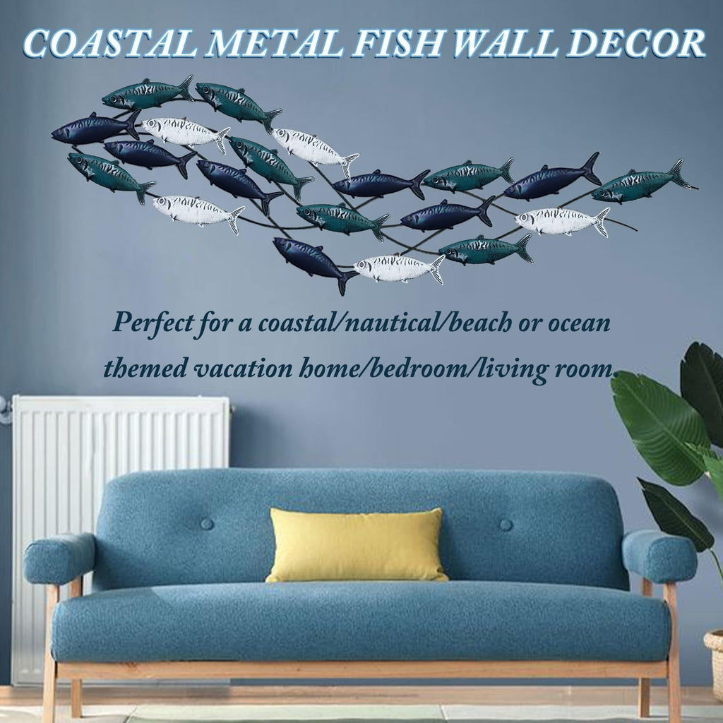 Edaknez Large Metal Fish Wall Art - Coastal Nautical Ocean Decor for Living Room and Bedroom (59 x 16 Inches) - thewrightstore