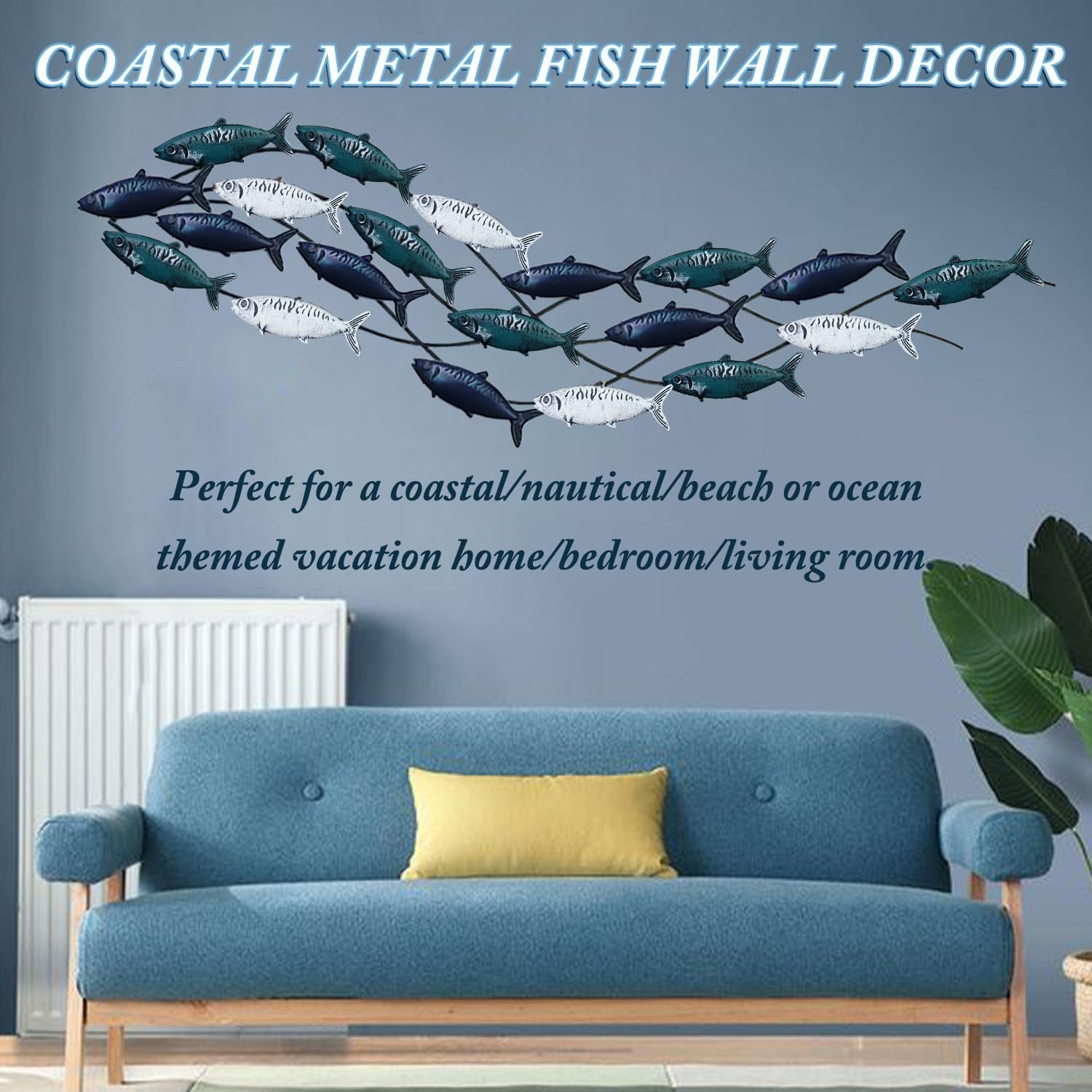 Edaknez Large Metal Fish Wall Art - Coastal Nautical Ocean Decor for Living Room and Bedroom (59 x 16 Inches) - thewrightstore
