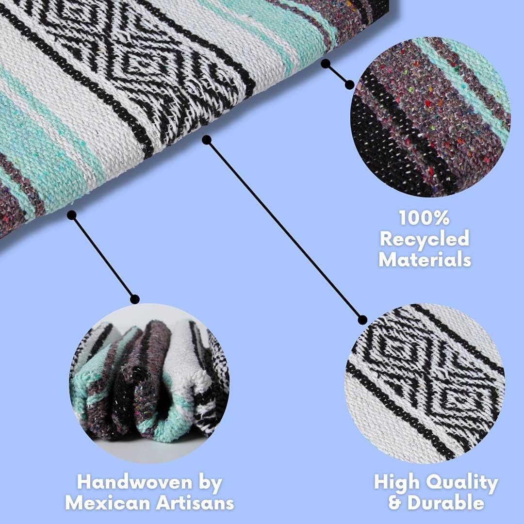 El Paso Designs Mexican Yoga Blanket - Vibrant Falsa Serape Throw for Yoga, Beach, Picnic, Saddle, or Home Décor - Soft Woven Bohemian Blanket in Cool Mint & Gray - thewrightstore