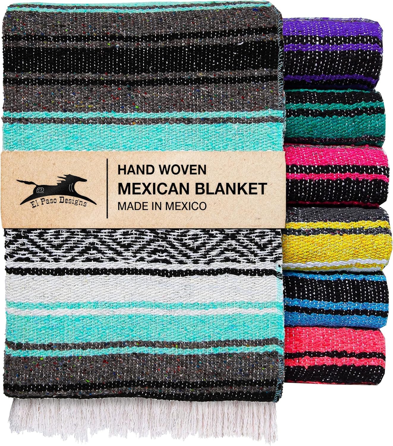 El Paso Designs Mexican Yoga Blanket - Vibrant Falsa Serape Throw for Yoga, Beach, Picnic, Saddle, or Home Décor - Soft Woven Bohemian Blanket in Cool Mint & Gray - thewrightstore
