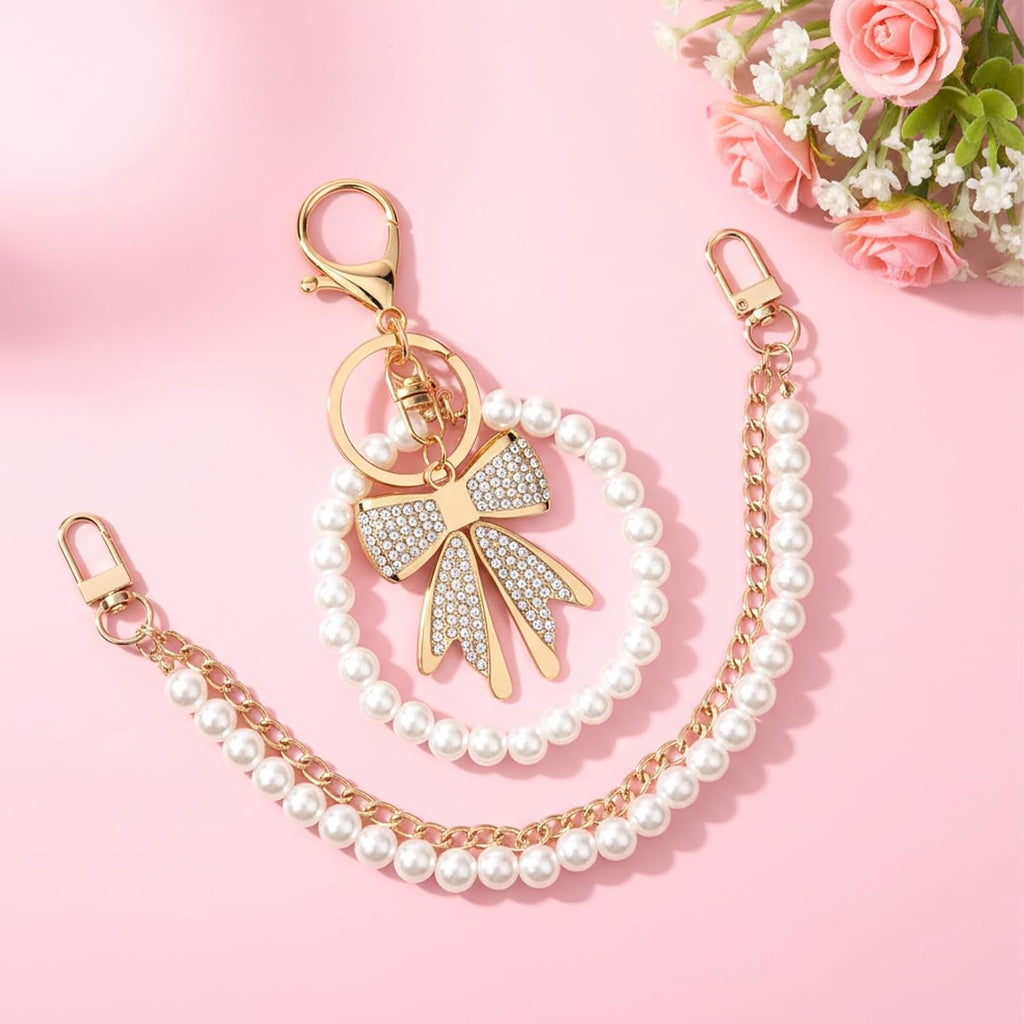 Elegant Pearl Purse Chain Set - 26cm Gold Metal Bag Extender with Rhinestone Pearl Bow Keychain - Stylish Replacement Short Strap for Women's Handbags - Ideal Valentine's Gift - thewrightstore