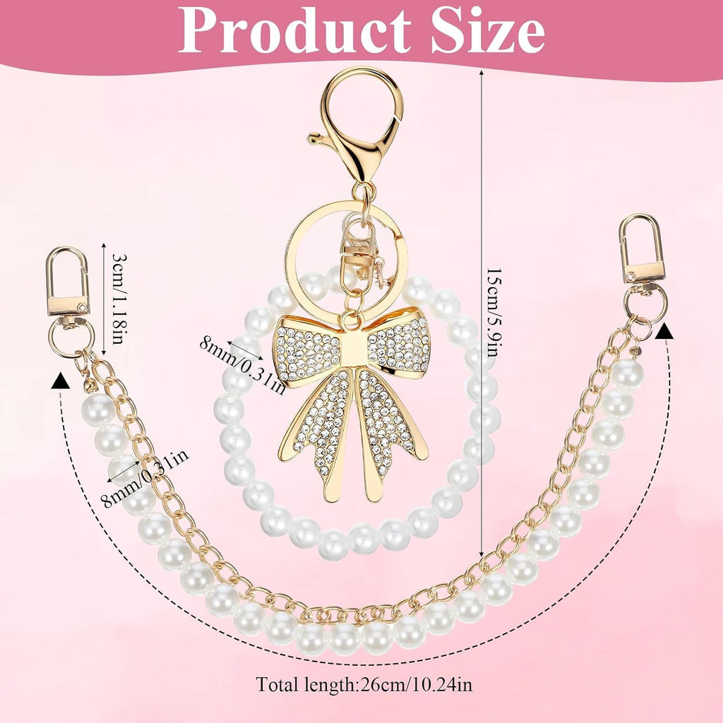 Elegant Pearl Purse Chain Set - 26cm Gold Metal Bag Extender with Rhinestone Pearl Bow Keychain - Stylish Replacement Short Strap for Women's Handbags - Ideal Valentine's Gift - thewrightstore